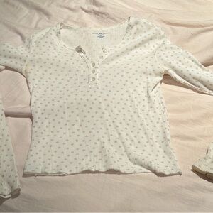 Brandy Melville Cream Long Sleeve Henley with Floral Pattern